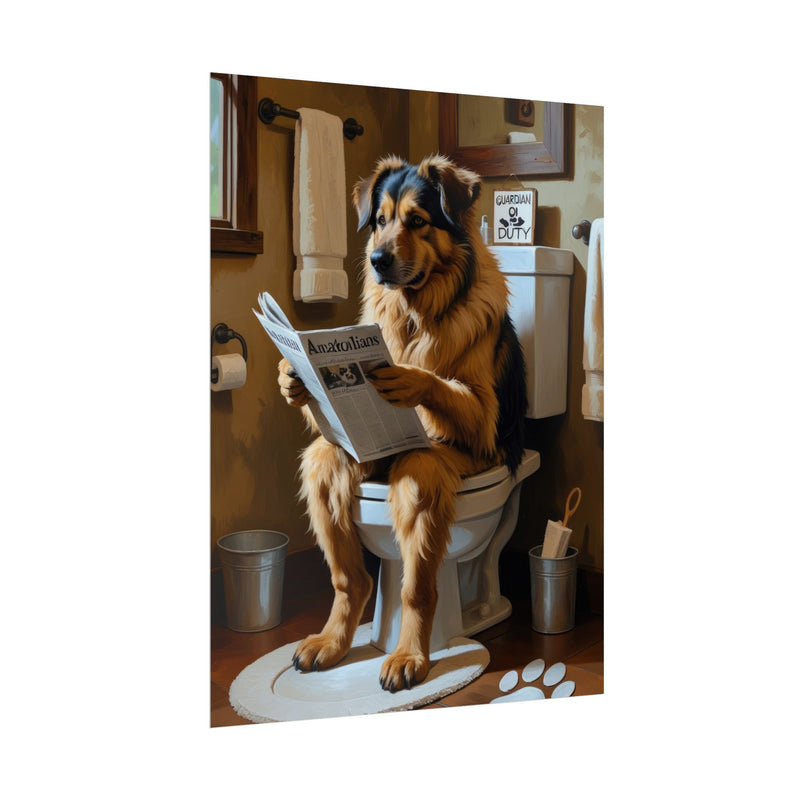 Funny Anatolian Shepherd Bathroom Poster – Dog Sitting on Toilet Reading Newspaper | Humorous Dog Wall Art for Bathroom Decor