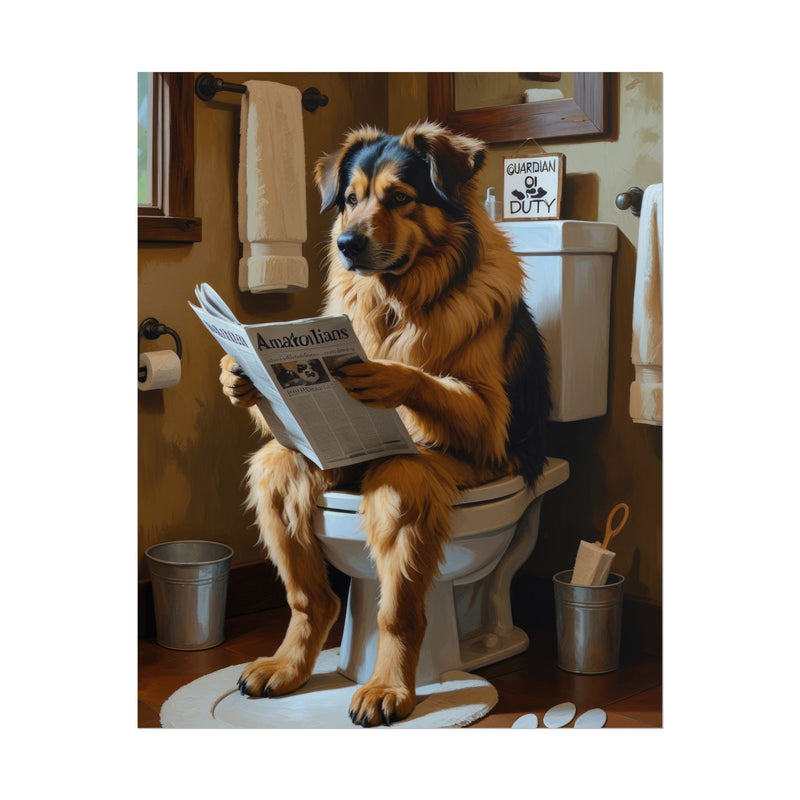 Funny Anatolian Shepherd Bathroom Poster – Dog Sitting on Toilet Reading Newspaper | Humorous Dog Wall Art for Bathroom Decor