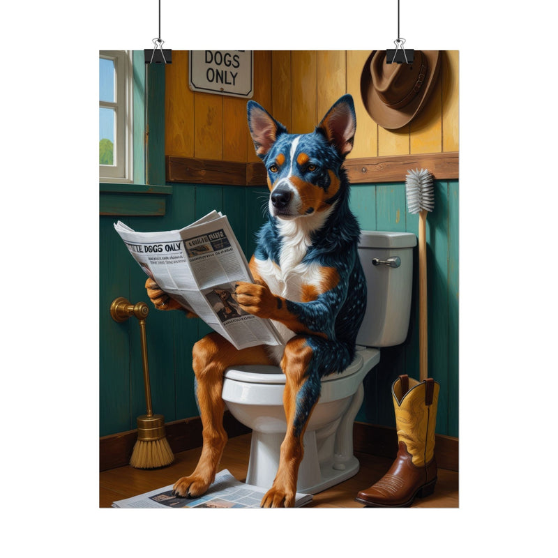 Funny Australian Cattle Dog Bathroom Poster – Dog Sitting on Toilet Reading Newspaper | Humorous Dog Wall Art for Bathroom Decor