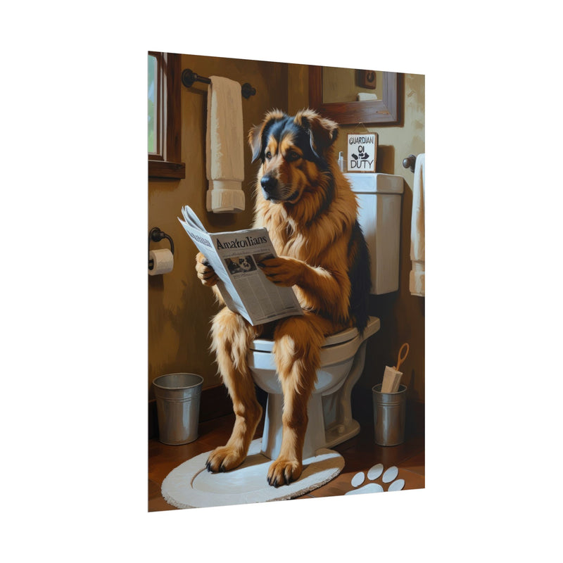 Funny Anatolian Shepherd Bathroom Poster – Dog Sitting on Toilet Reading Newspaper | Humorous Dog Wall Art for Bathroom Decor