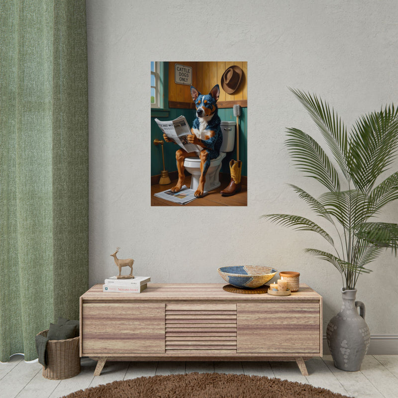 Funny Australian Cattle Dog Bathroom Poster – Dog Sitting on Toilet Reading Newspaper | Humorous Dog Wall Art for Bathroom Decor