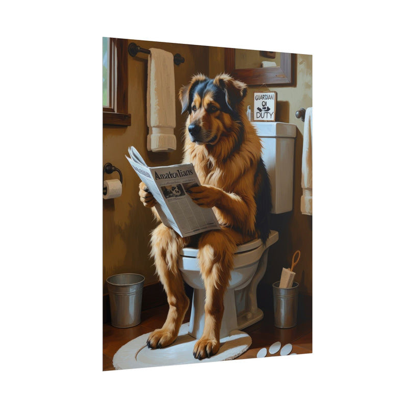 Funny Anatolian Shepherd Bathroom Poster – Dog Sitting on Toilet Reading Newspaper | Humorous Dog Wall Art for Bathroom Decor