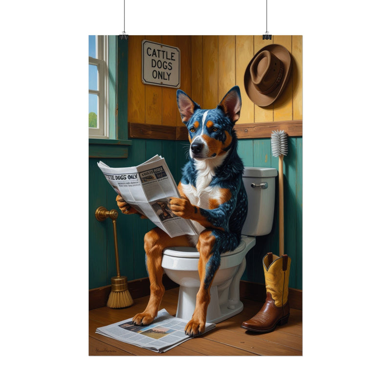 Funny Australian Cattle Dog Bathroom Poster – Dog Sitting on Toilet Reading Newspaper | Humorous Dog Wall Art for Bathroom Decor