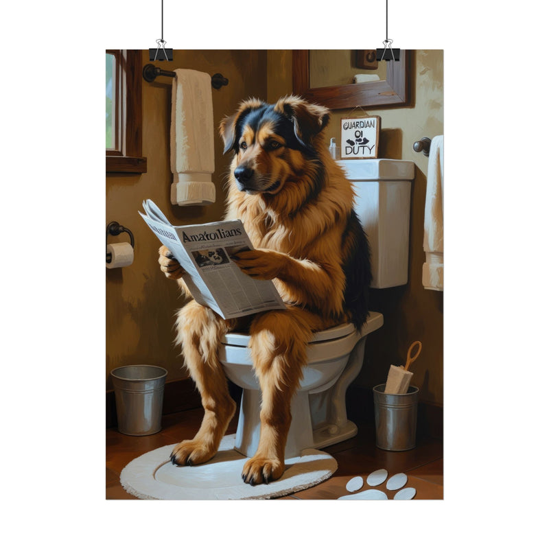 Funny Anatolian Shepherd Bathroom Poster – Dog Sitting on Toilet Reading Newspaper | Humorous Dog Wall Art for Bathroom Decor