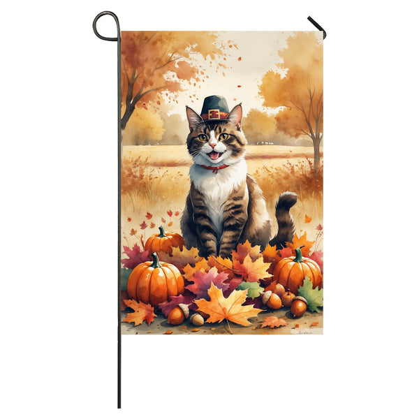 Abyssinian Cat Thanksgiving Garden Flag A Fall Dog House Flag with Leaves, Pumpkins & Pilgrim Hat
