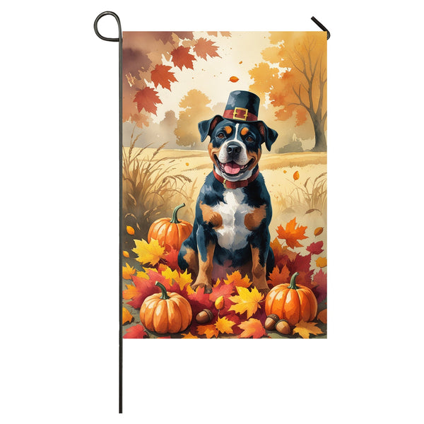 American Staffordshire Thanksgiving Garden Flag A Fall Dog House Flag with Leaves, Pumpkins & Pilgrim Hat