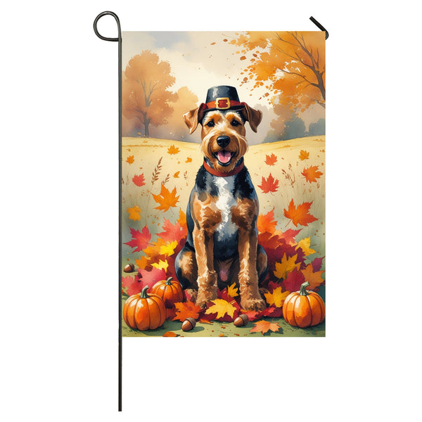 Airedale Thanksgiving Garden Flag A Fall Dog House Flag with Leaves, Pumpkins & Pilgrim Hat
