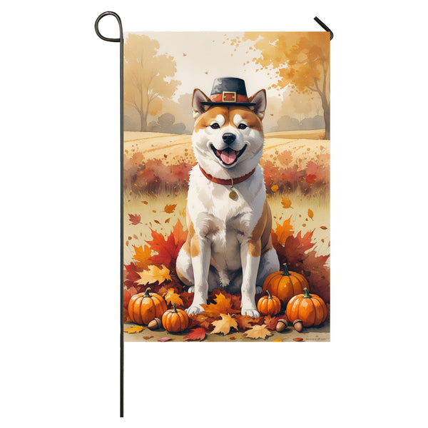 Akita Thanksgiving Garden Flag A Fall Dog House Flag with Leaves, Pumpkins & Pilgrim Hat
