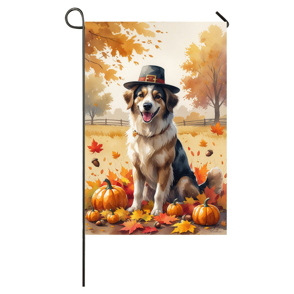 Anatolian Shepherd Thanksgiving Garden Flag A Fall Dog House Flag with Leaves, Pumpkins & Pilgrim Hat