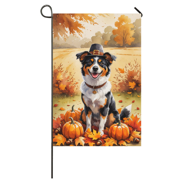 Australian Kelpie Thanksgiving Garden Flag A Fall Dog House Flag with Leaves, Pumpkins & Pilgrim Hat