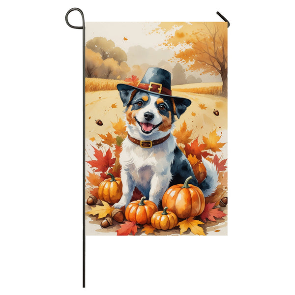 Australian Terrier Thanksgiving Garden Flag A Fall Dog House Flag with Leaves, Pumpkins & Pilgrim Hat